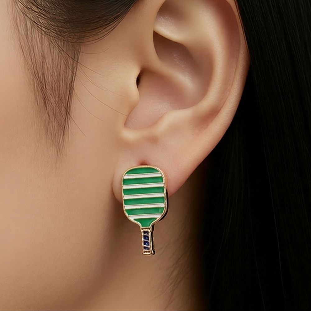 Green Pickleball Paddle Stud Earrings Gold Enamel Sport Jewelry Novelty Playful